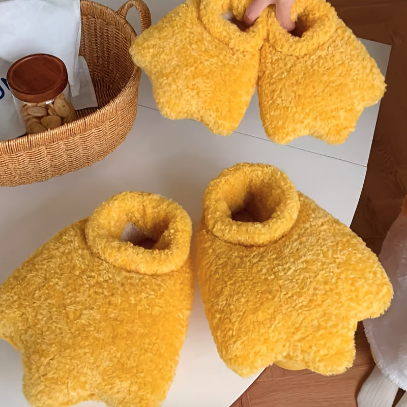 Women'S Cozy Plush Duck Paw Slippers - Soft Yellow Winter Indoor Shoes with Non-Slip TPU Sole, Warm & Comfortable for Cold Floors, Casual Home Footwear, Cute Animal Design, Soft Fabric Upper