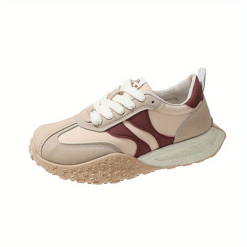 Women's Chunky Platform Sneakers - Beige & Burgundy Vintage Training Shoes - Non-Slip Rubber Sole - Cushioned EVA Insole - Breathable Athletic Footwear for Everyday, Gym, Outfits - Retro Dad Shoes, Ladies Sneakers, Casual Walking, Trendy Design, Comfortab
