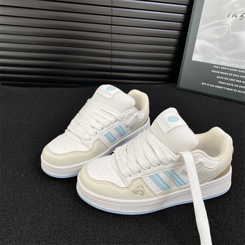 Chunky Platform Sneakers Women's Chunky Platform Sneakers - Bold Stripe Design, Breathable Comfort | Cushioned PU Sole & Arch Support, White & Light Pastel Colorway - Skate Shoes, Everyday Streetwear, All-Season Casual Shoes