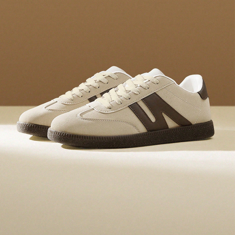 Women's Low-Top Sneakers - Beige & Black Accent - Cushioned PU Insole - Non-Slip Rubber Sole - All-Season Skate Shoes - Lightweight Everyday Casual Shoes - Minimalist Athletic Footwear, Ladies Sneakers, Stylish Stripes Design, Breathable Fabric Lining, Sp