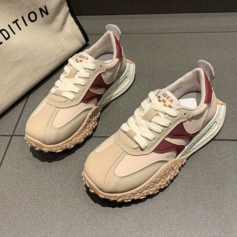Women's Chunky Platform Sneakers - Beige & Burgundy Vintage Training Shoes - Non-Slip Rubber Sole - Cushioned EVA Insole - Breathable Athletic Footwear for Everyday, Gym, Outfits - Retro Dad Shoes, Ladies Sneakers, Casual Walking, Trendy Design, Comfortab