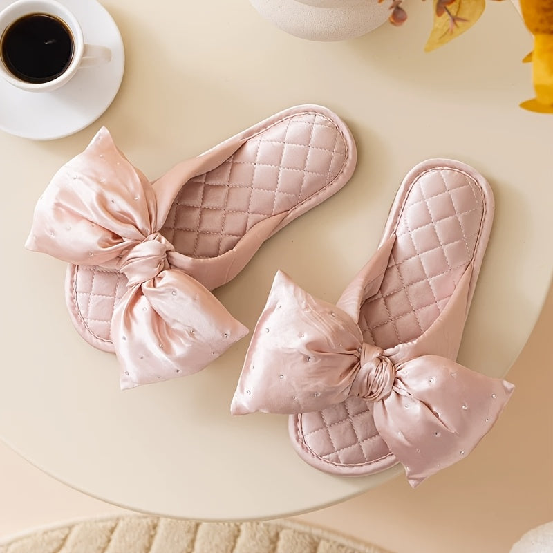 Elegant Pink Satin Women's Slippers with Bow Tie – Quilted Design, Soft Fabric, Indoor & Outdoor Use, Perfect for Bedroom or Gift, Bedroom Slippers
