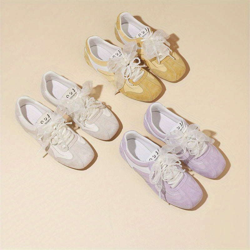 Women'S Dexun Casual Sneakers - Breathable Fabric Upper, Flat Bottom Rubber Sole, Striped Design with Bow Accents, All-Season Comfort for Skateboarding & Casual Attire, Ladies Sneakers, Comfortable Footwear, Fabric Insole