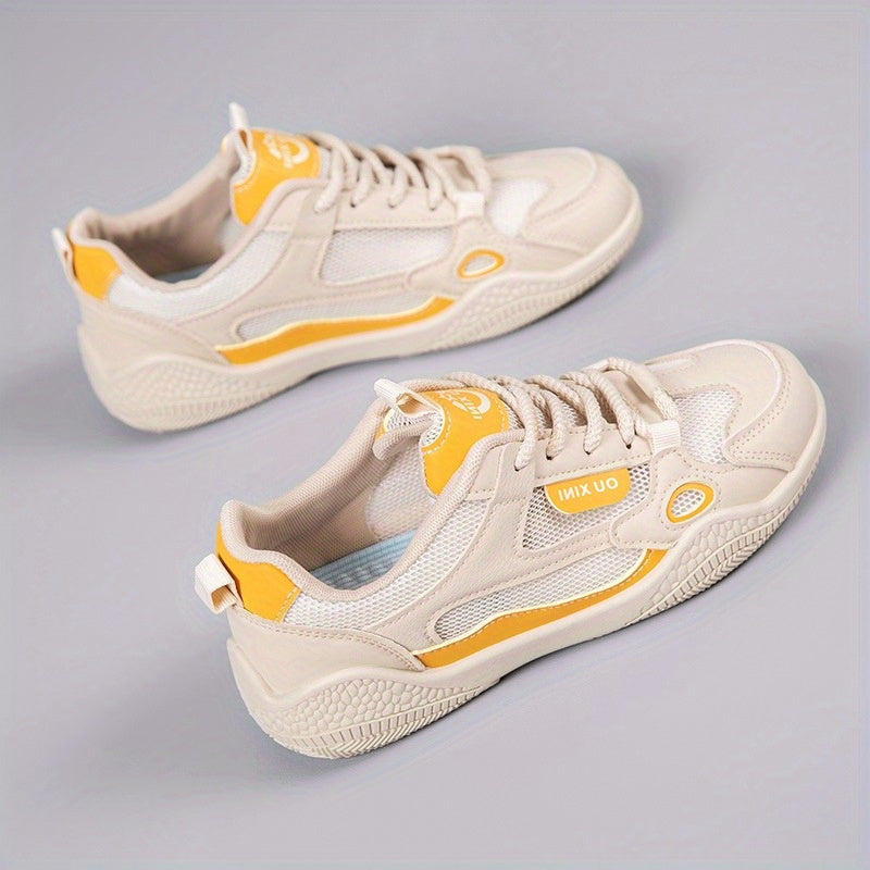 Women'S Airy Mesh Training Sneakers - Lightweight Non-Slip Summer Running Shoes with Breathable Design, Korean-Inspired Casual Sneakers for Gym, Walking & Daily Wear, White & Yellow Accents, Breathable Footwear, Stylish Sportswear, Durable PVC Sole