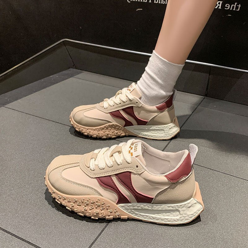 Women's Chunky Platform Sneakers - Beige & Burgundy Vintage Training Shoes - Non-Slip Rubber Sole - Cushioned EVA Insole - Breathable Athletic Footwear for Everyday, Gym, Outfits - Retro Dad Shoes, Ladies Sneakers, Casual Walking, Trendy Design, Comfortab