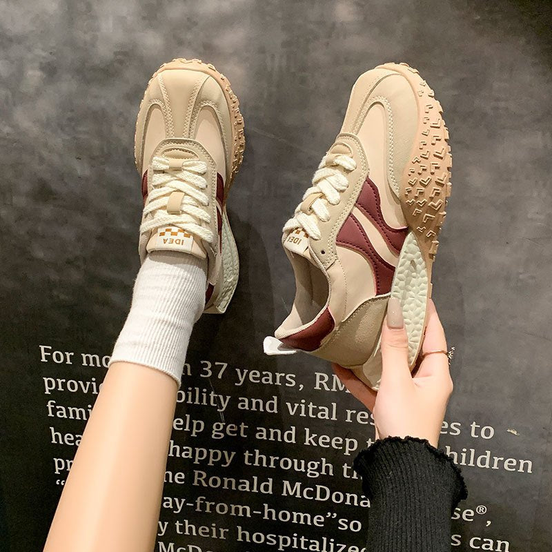 Women's Chunky Platform Sneakers - Beige & Burgundy Vintage Training Shoes - Non-Slip Rubber Sole - Cushioned EVA Insole - Breathable Athletic Footwear for Everyday, Gym, Outfits - Retro Dad Shoes, Ladies Sneakers, Casual Walking, Trendy Design, Comfortab