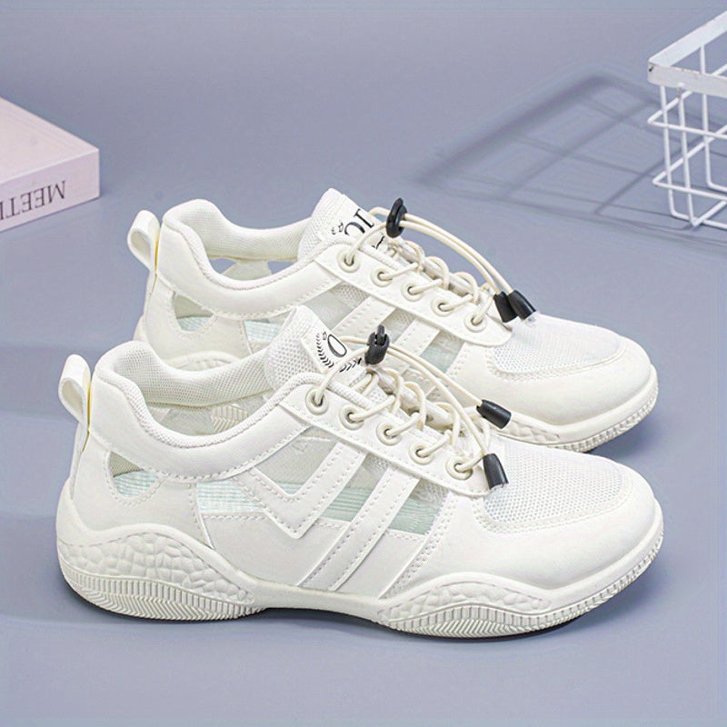 Women'S Summer Breathable Mesh Sneakers - Lightweight, Comfortable White Casual Shoes with Lace-Up Design, PU Upper & EVA Insole, Perfect for Casual Attire, Ladies Sneakers