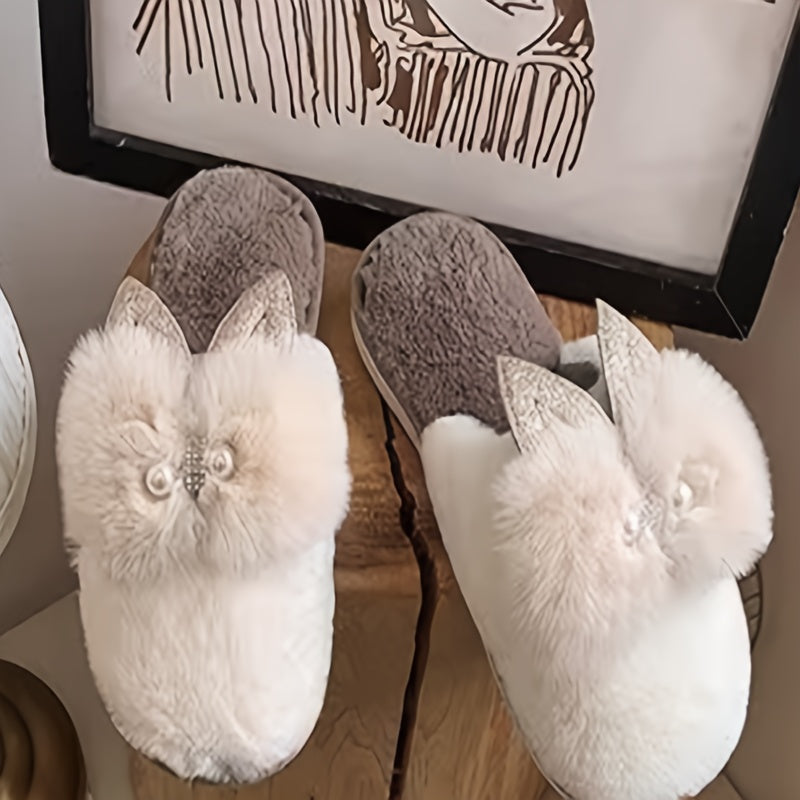 Women's Cute Cat Ear Slip-On Slippers - Soft Plush House Shoes, Non-Slip TPU Sole Indoor\u002FOutdoor, All-Season Cozy Footwear for Women (Black\u002FBeige\u002FGray\u002F) - Perfect Gift for Cat Lovers