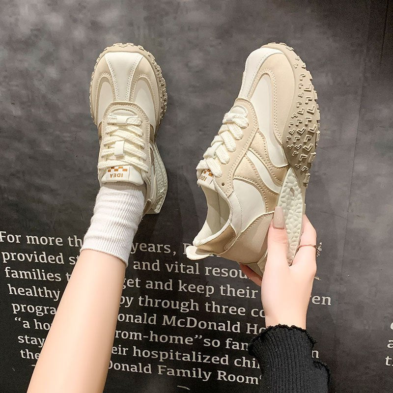 Women's Chunky Platform Sneakers - Beige & Burgundy Vintage Training Shoes - Non-Slip Rubber Sole - Cushioned EVA Insole - Breathable Athletic Footwear for Everyday, Gym, Outfits - Retro Dad Shoes, Ladies Sneakers, Casual Walking, Trendy Design, Comfortab