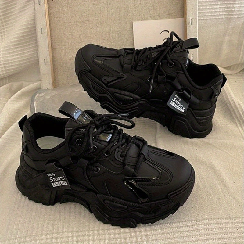 Women'S Breathable Platform Sneakers - Cozy Lined Chunky Sole, Urban Streetwear Athletic Shoes with PU Upper & Rubber Outsole, EVA Cushioned Insole for All-Day Comfort, Black Versatile Seasonal Transition Footwear, Ladies Sneakers, Sleek Shoe Design, Comf
