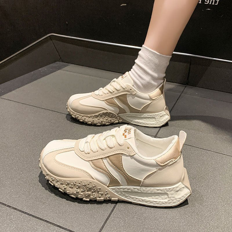 Women's Chunky Platform Sneakers - Beige & Burgundy Vintage Training Shoes - Non-Slip Rubber Sole - Cushioned EVA Insole - Breathable Athletic Footwear for Everyday, Gym, Outfits - Retro Dad Shoes, Ladies Sneakers, Casual Walking, Trendy Design, Comfortab